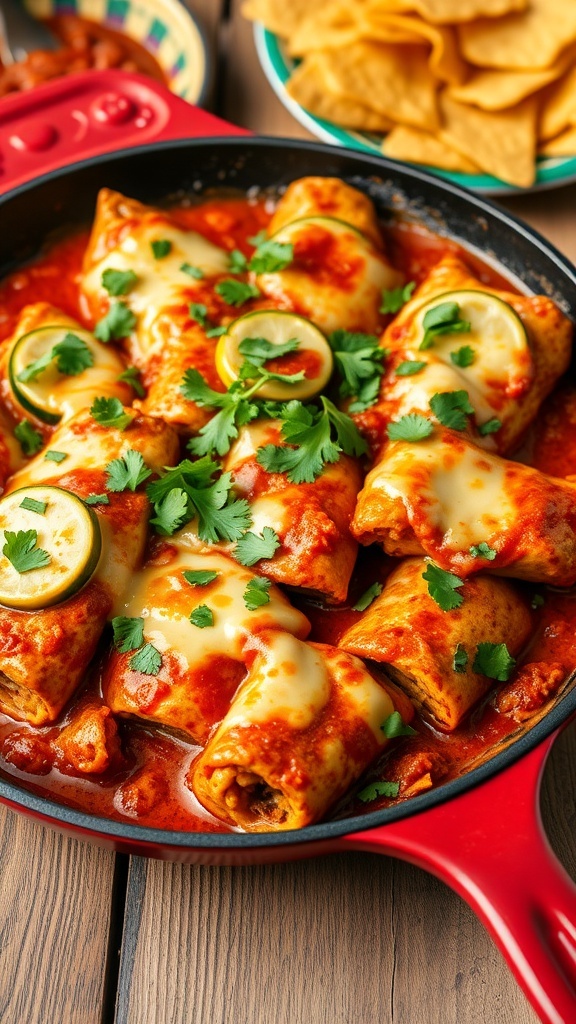A skillet with zucchini chicken enchiladas topped with cheese and cilantro, served with tortilla chips.
